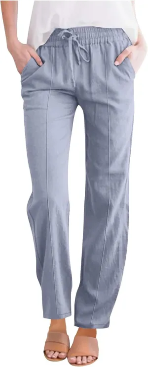 Women Cotton Linen Straight Leg Pants, Summer Lightweight Breathable Work Office Clothes Drawstring Pockets Trousers
