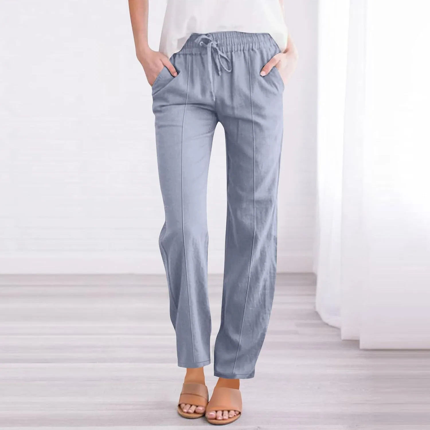 Women Cotton Linen Straight Leg Pants, Summer Lightweight Breathable Work Office Clothes Drawstring Pockets Trousers