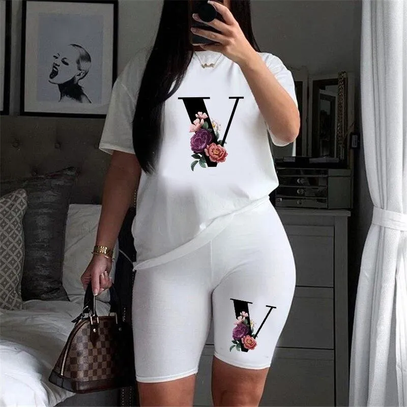 Women Letter Print Design Short Sleeve T Shirts and Shorts  Casual Joggers Set