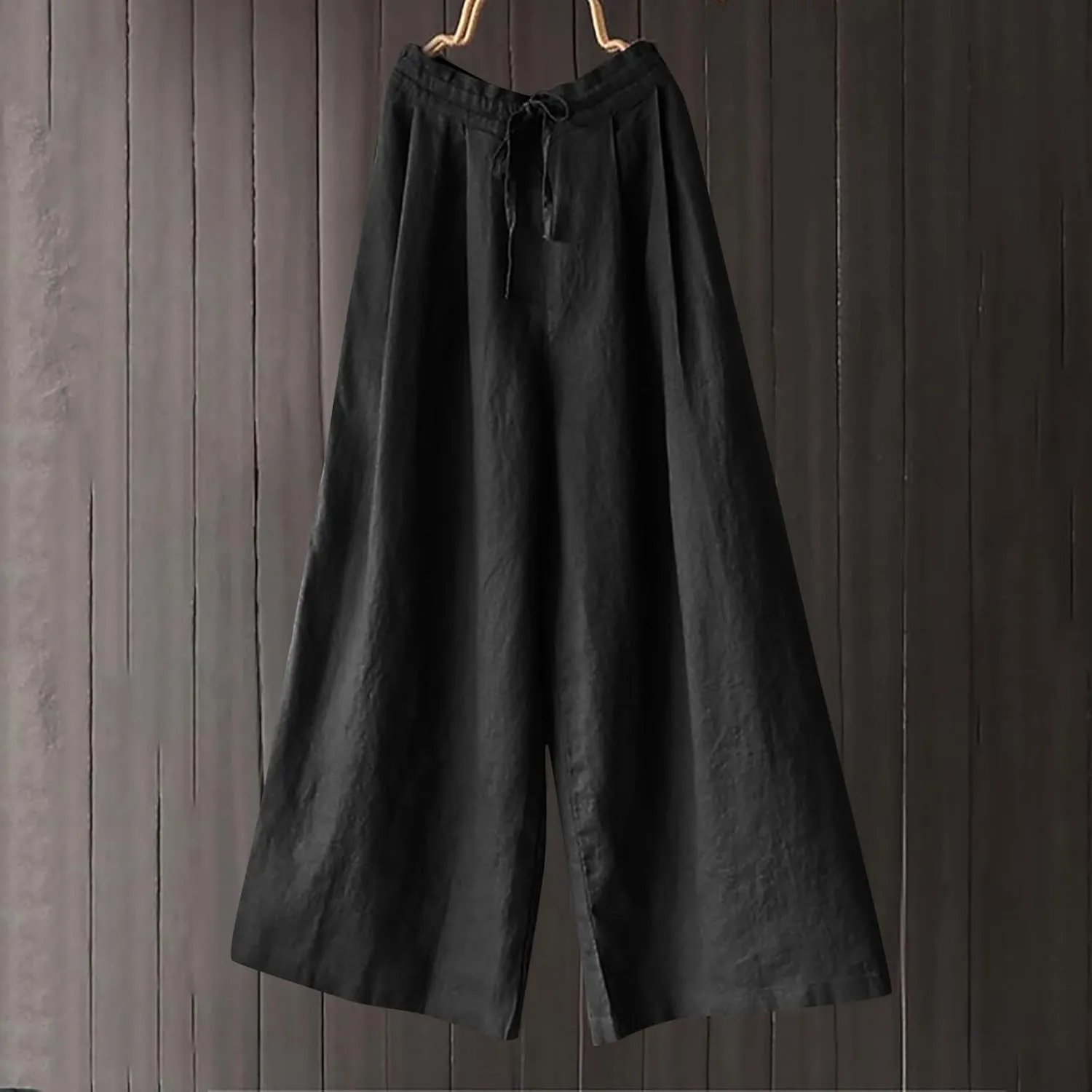 Women Wide Leg Casual Cotton Linen Pants, Solid Lightweight Breathable Summer Daily Clothes Drawstring Pockets Trousers