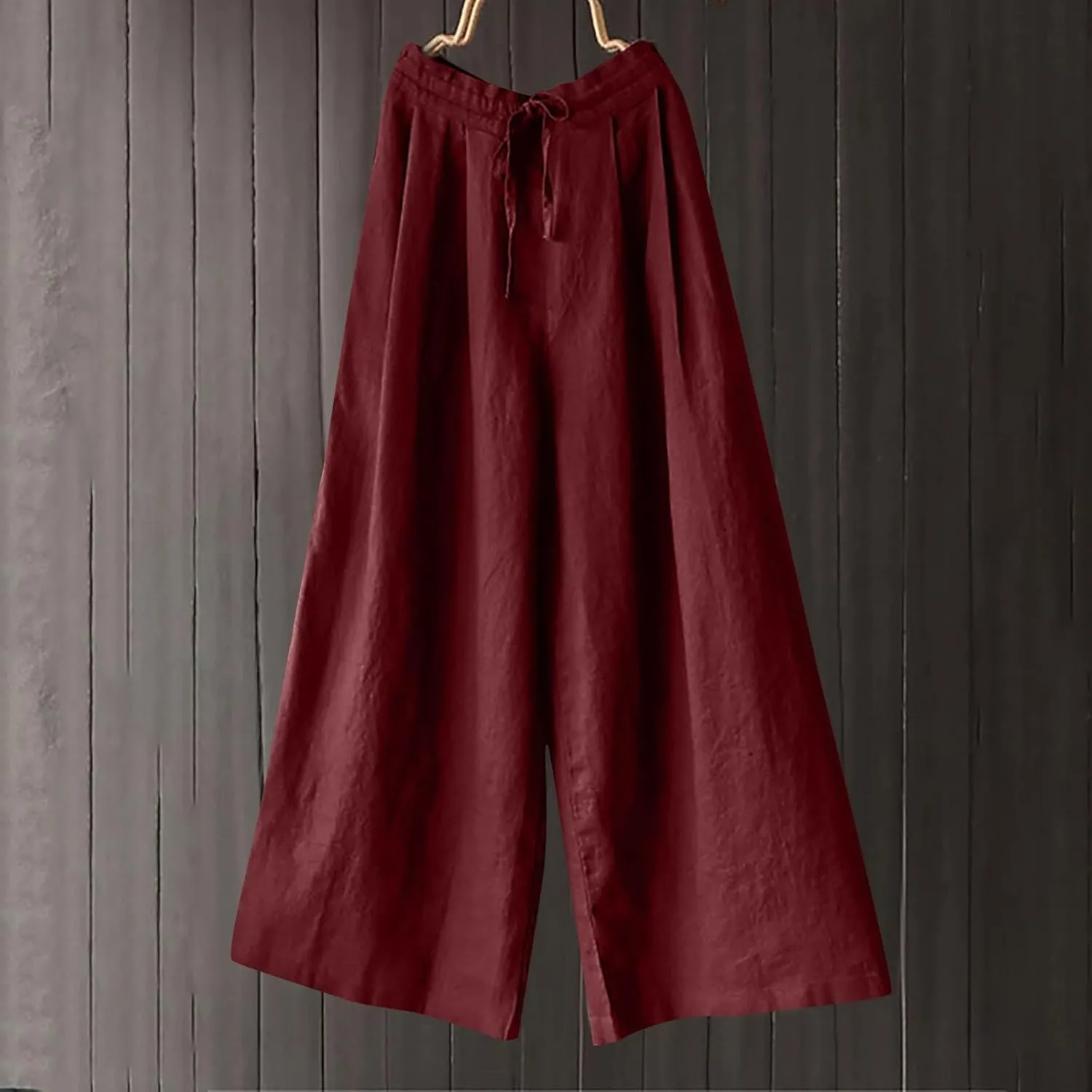 Women Wide Leg Casual Cotton Linen Pants, Solid Lightweight Breathable Summer Daily Clothes Drawstring Pockets Trousers