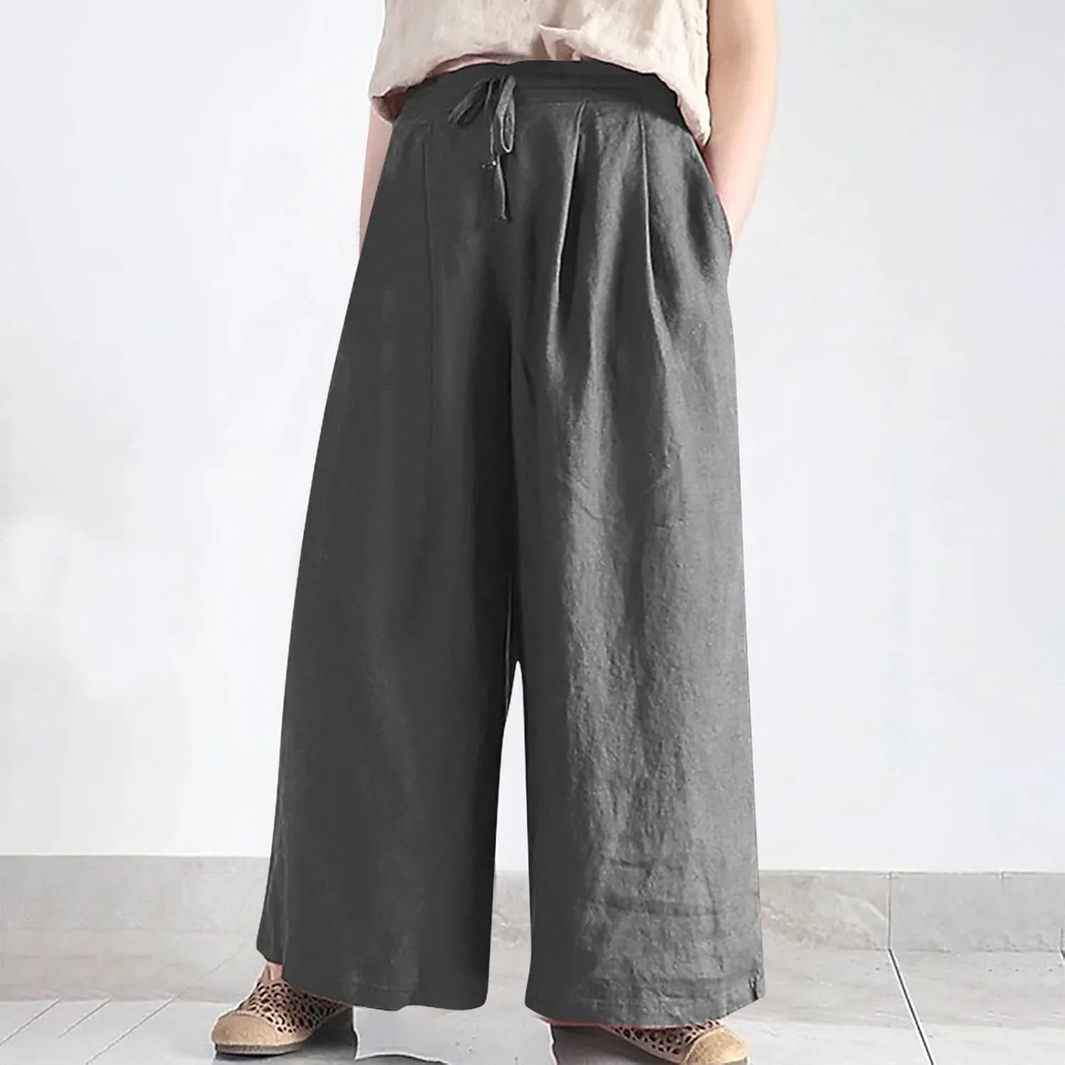 Women Wide Leg Casual Cotton Linen Pants, Solid Lightweight Breathable Summer Daily Clothes Drawstring Pockets Trousers