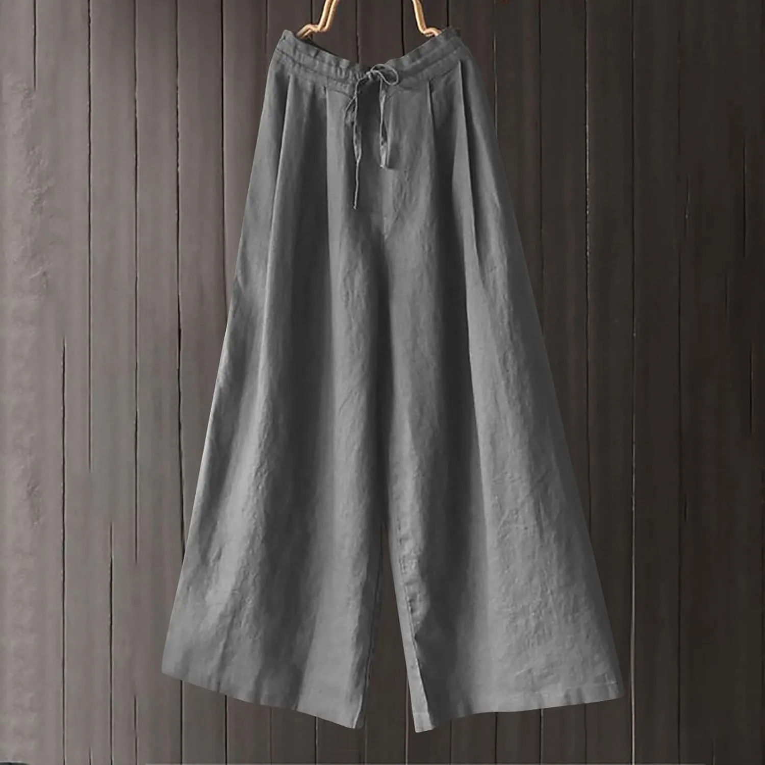 Women Wide Leg Casual Cotton Linen Pants, Solid Lightweight Breathable Summer Daily Clothes Drawstring Pockets Trousers