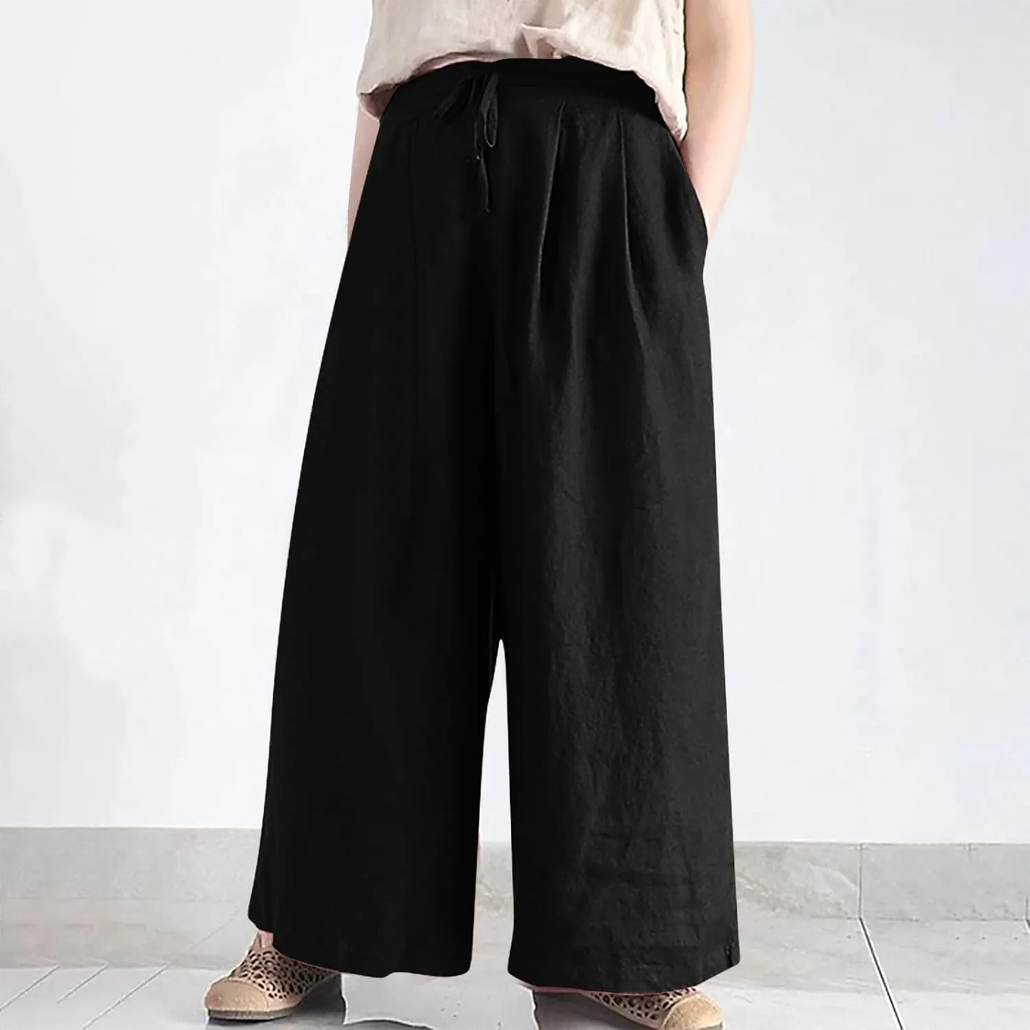 Women Wide Leg Casual Cotton Linen Pants, Solid Lightweight Breathable Summer Daily Clothes Drawstring Pockets Trousers