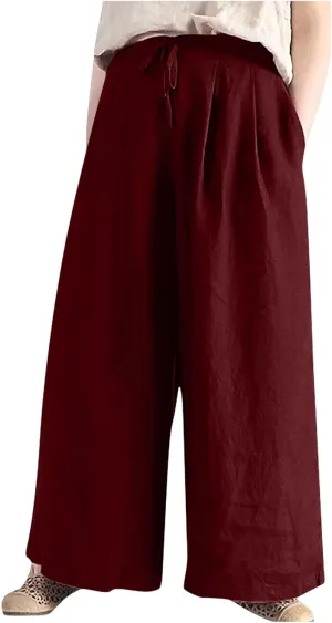 Women Wide Leg Casual Cotton Linen Pants, Solid Lightweight Breathable Summer Daily Clothes Drawstring Pockets Trousers
