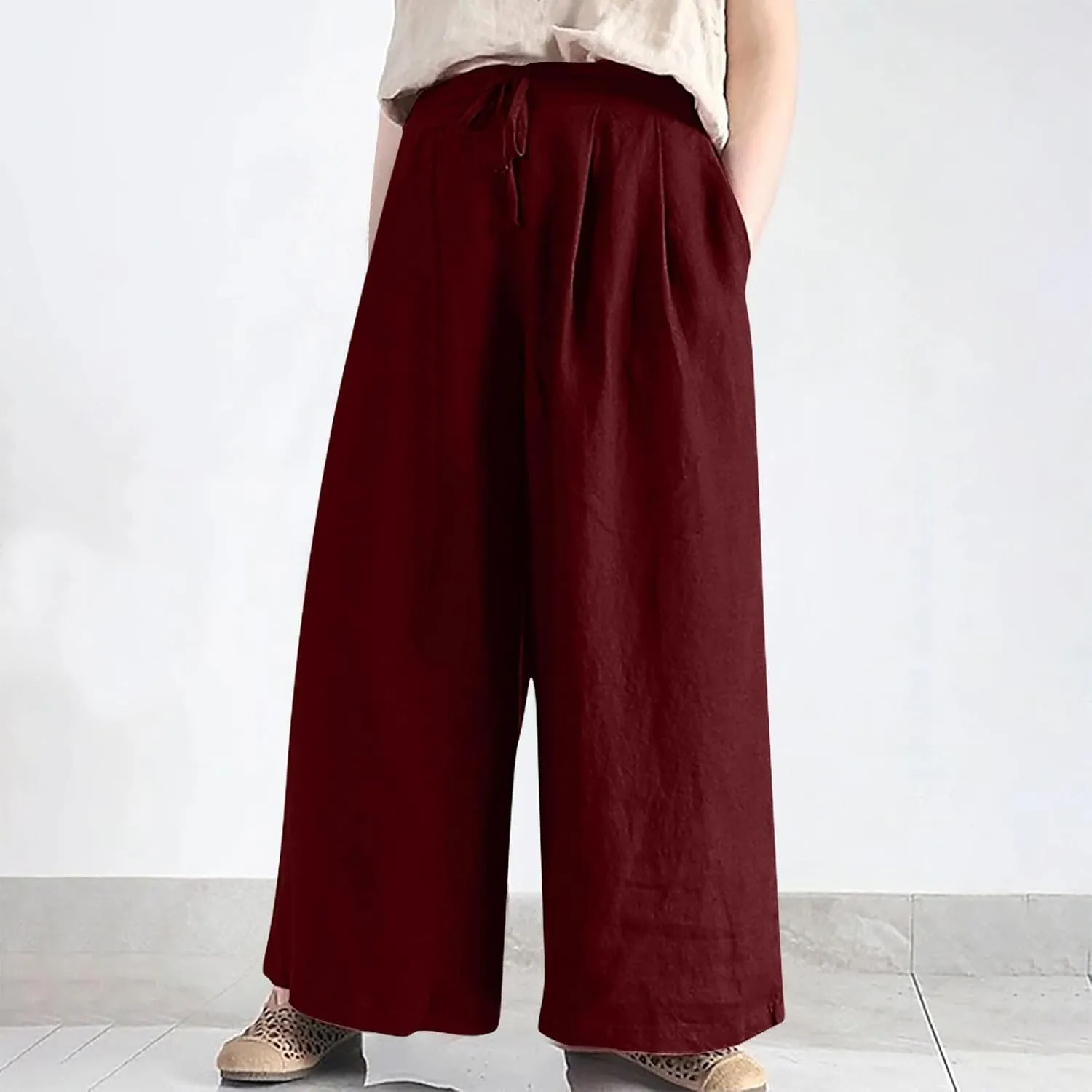 Women Wide Leg Casual Cotton Linen Pants, Solid Lightweight Breathable Summer Daily Clothes Drawstring Pockets Trousers