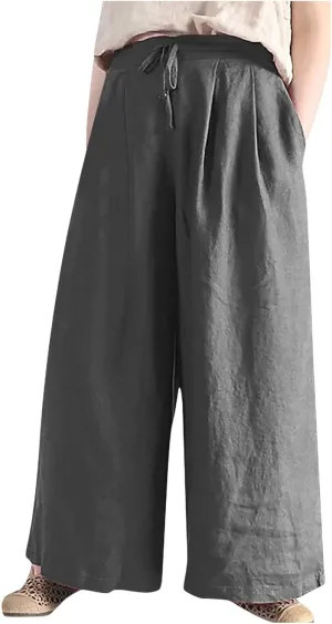 Women Wide Leg Casual Cotton Linen Pants, Solid Lightweight Breathable Summer Daily Clothes Drawstring Pockets Trousers
