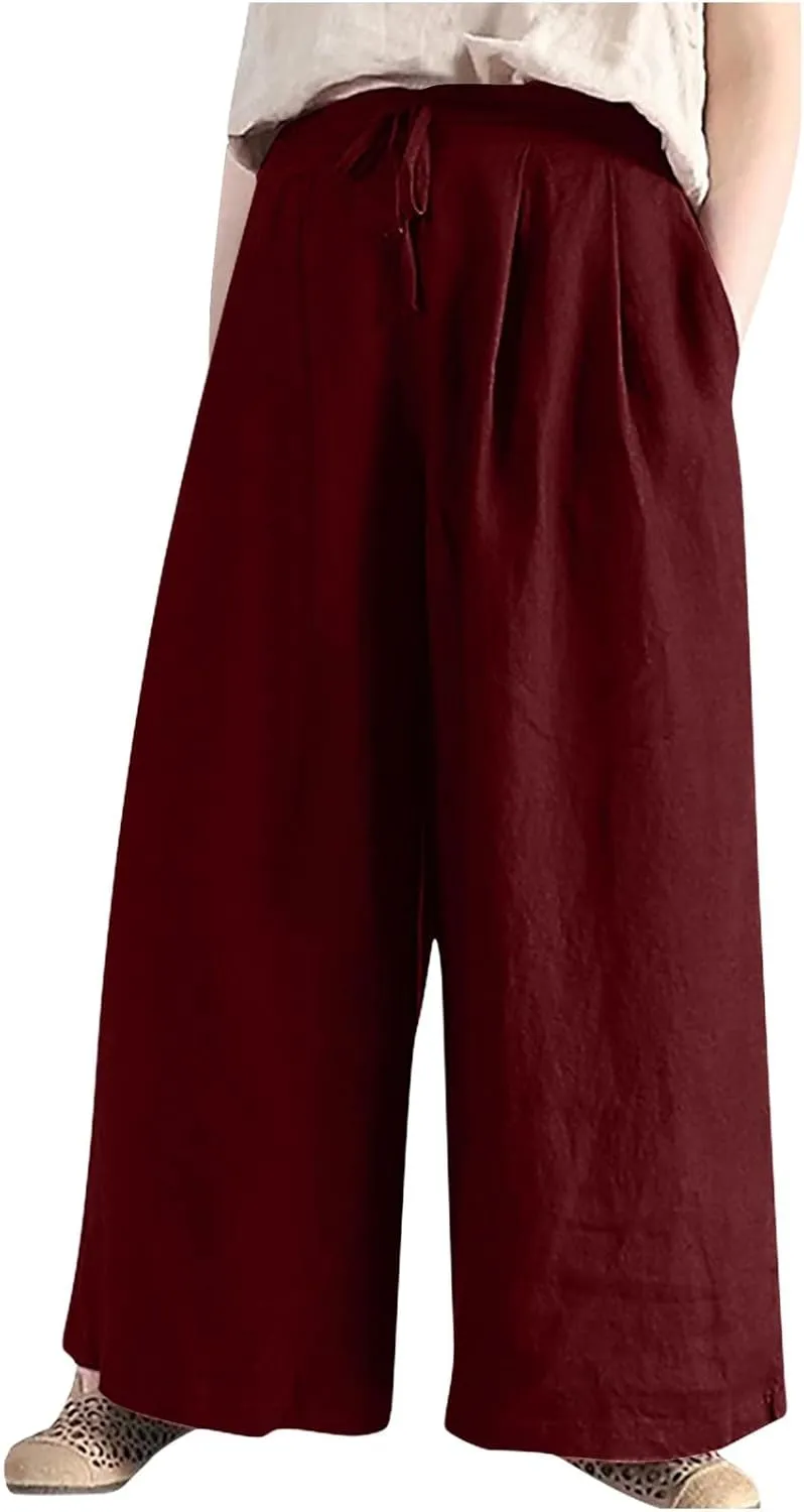 Women Wide Leg Casual Cotton Linen Pants, Solid Lightweight Breathable Summer Daily Clothes Drawstring Pockets Trousers