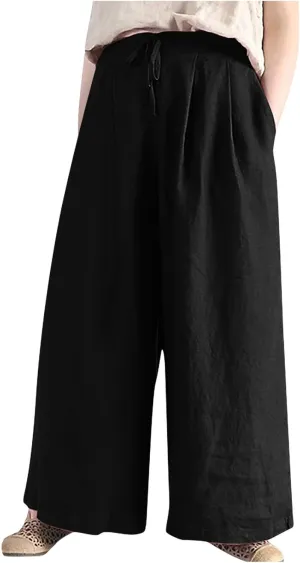 Women Wide Leg Casual Cotton Linen Pants, Solid Lightweight Breathable Summer Daily Clothes Drawstring Pockets Trousers
