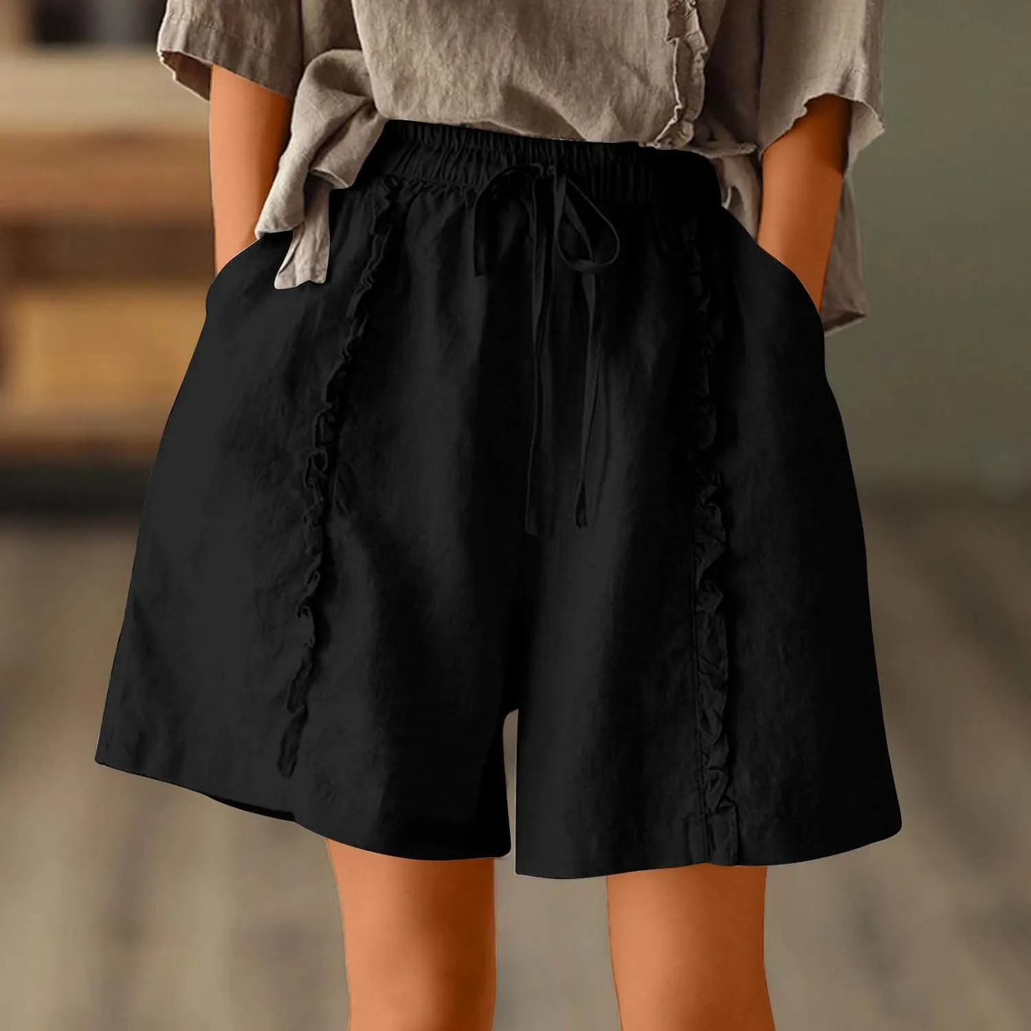 Womens Casual Shorts Drawstring Comfy Elastic Shorts Summer Pull On Short Pants with Pockets