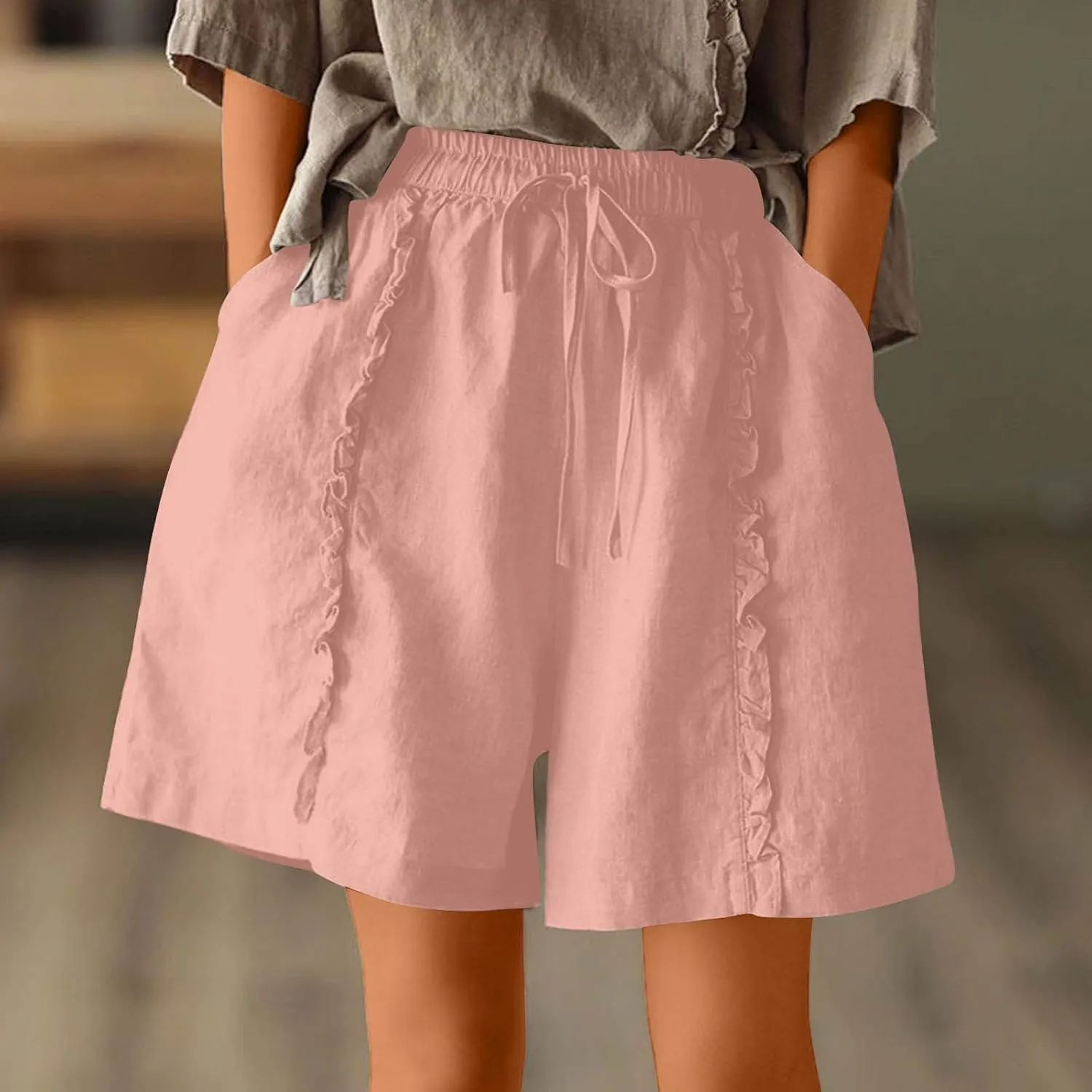 Womens Casual Shorts Drawstring Comfy Elastic Shorts Summer Pull On Short Pants with Pockets