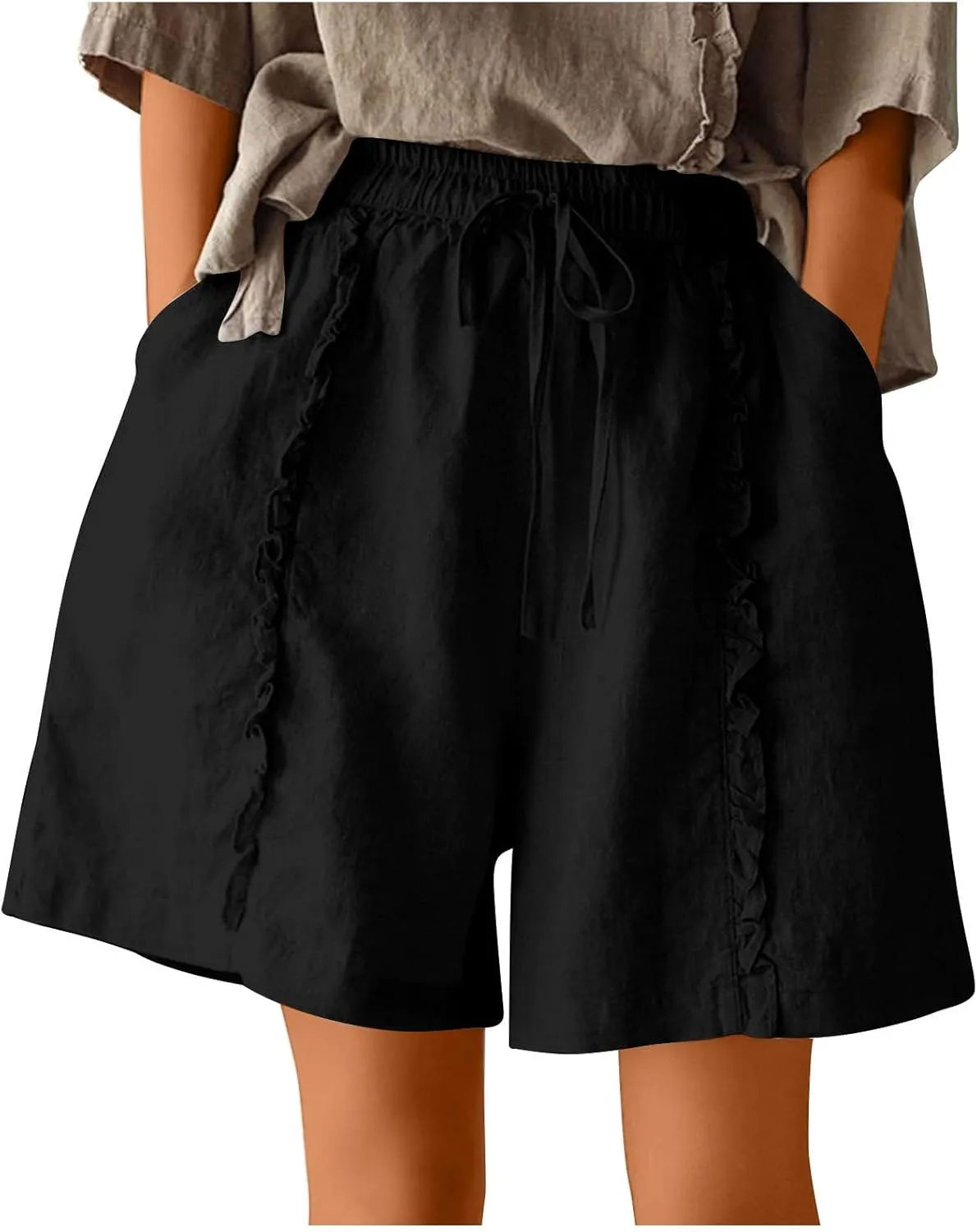 Womens Casual Shorts Drawstring Comfy Elastic Shorts Summer Pull On Short Pants with Pockets
