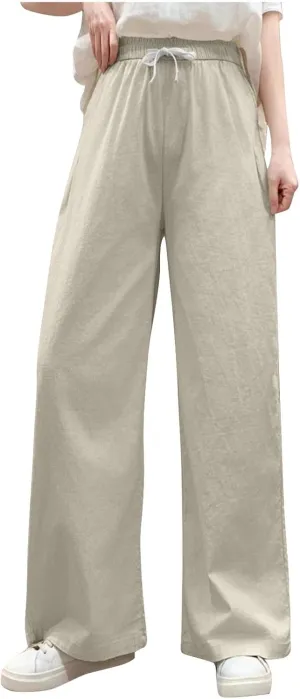 Women's Cotton Linen Drawstring Palazzo Pants, Summer Comfy Breathable Daily Going Out Trendy Trousers with Pockets