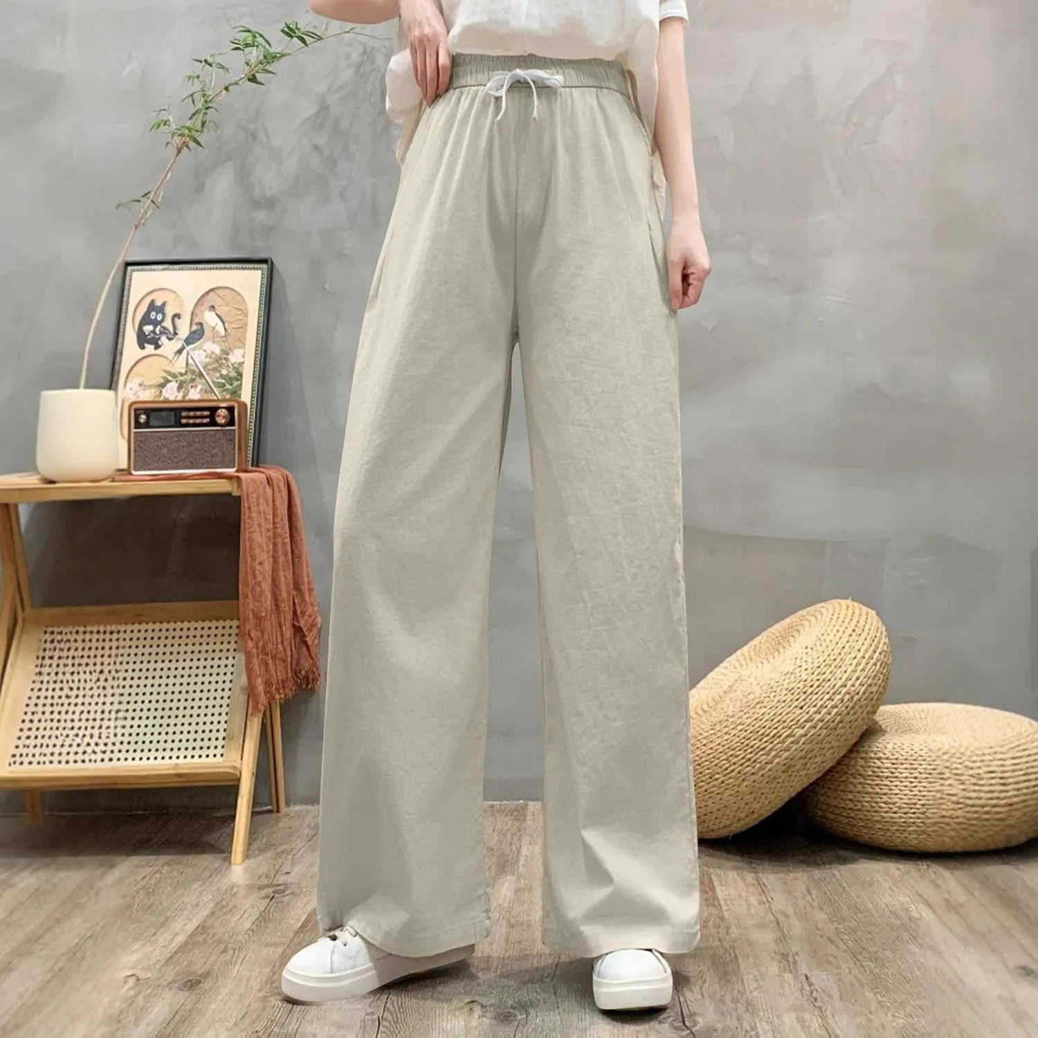 Women's Cotton Linen Drawstring Palazzo Pants, Summer Comfy Breathable Daily Going Out Trendy Trousers with Pockets