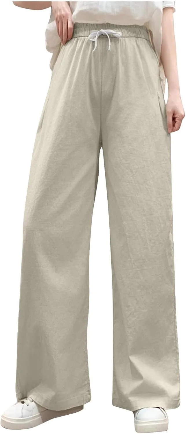 Women's Cotton Linen Drawstring Palazzo Pants, Summer Comfy Breathable Daily Going Out Trendy Trousers with Pockets