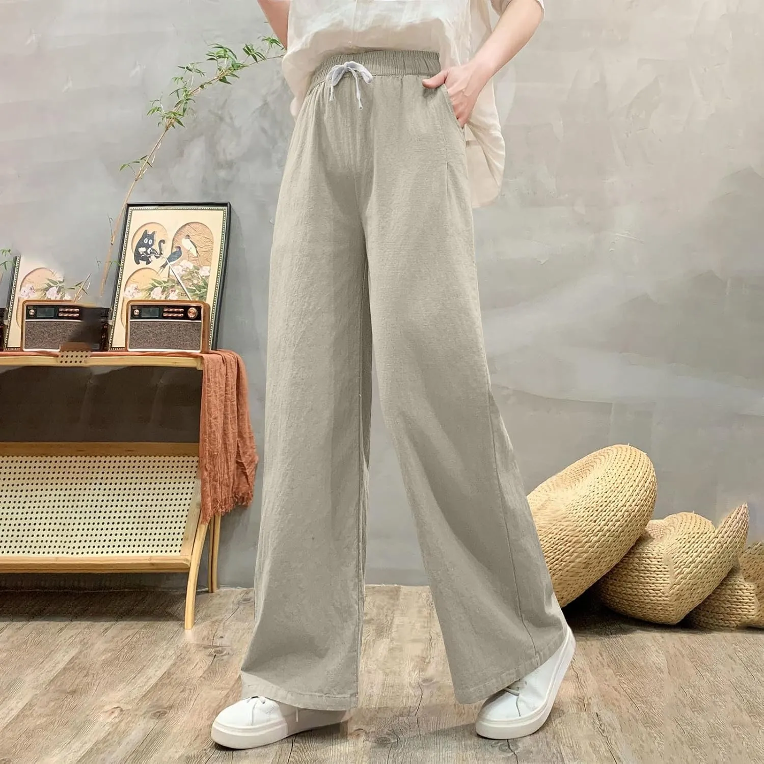 Women's Cotton Linen Drawstring Palazzo Pants, Summer Comfy Breathable Daily Going Out Trendy Trousers with Pockets
