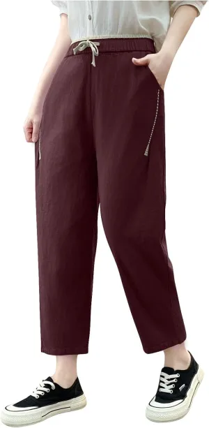 Women's Cotton Linen Drawstring Straight Leg Pants, Comfy Breathable Summer Casual Daily Trousers with Pockets