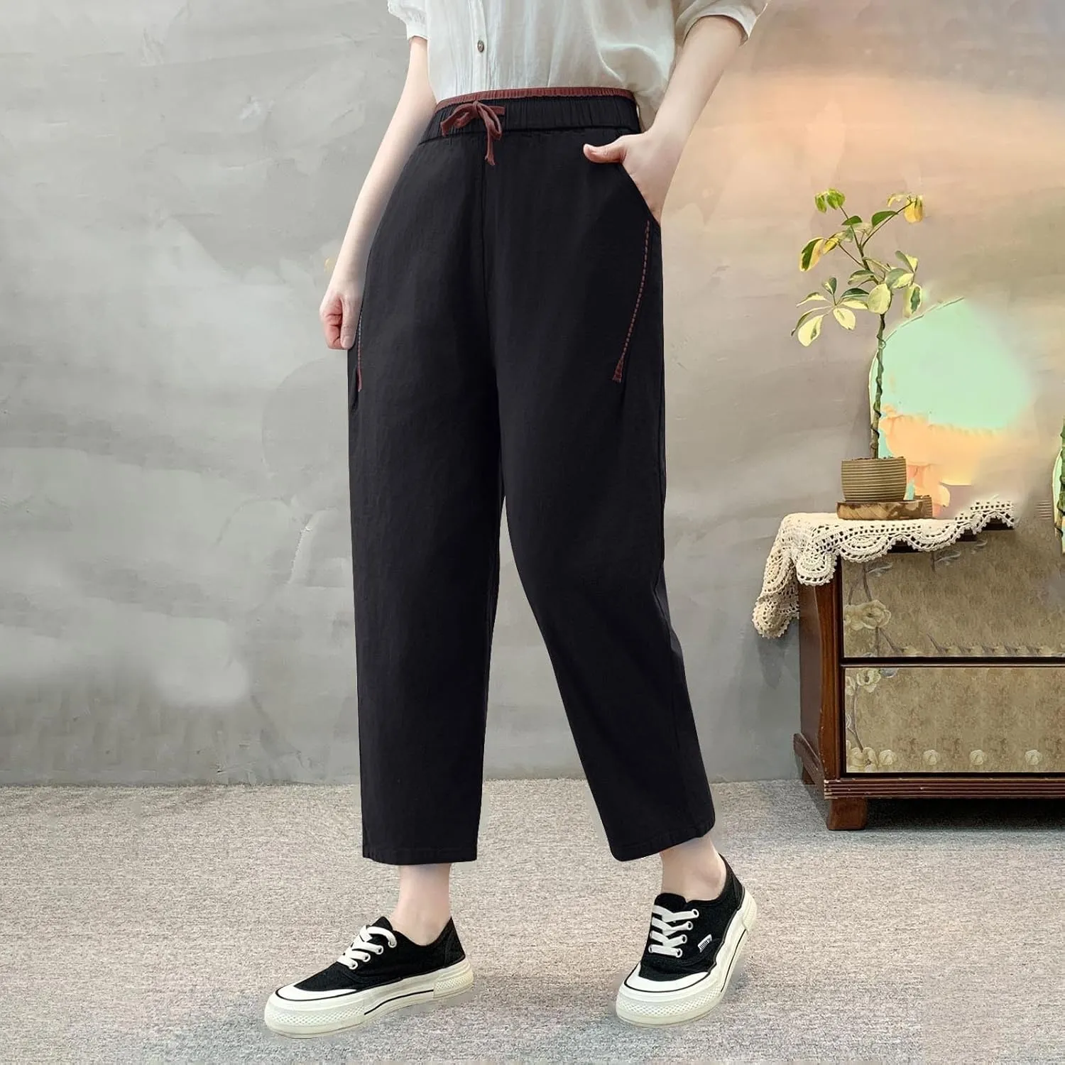 Women's Cotton Linen Drawstring Straight Leg Pants, Comfy Breathable Summer Casual Daily Trousers with Pockets