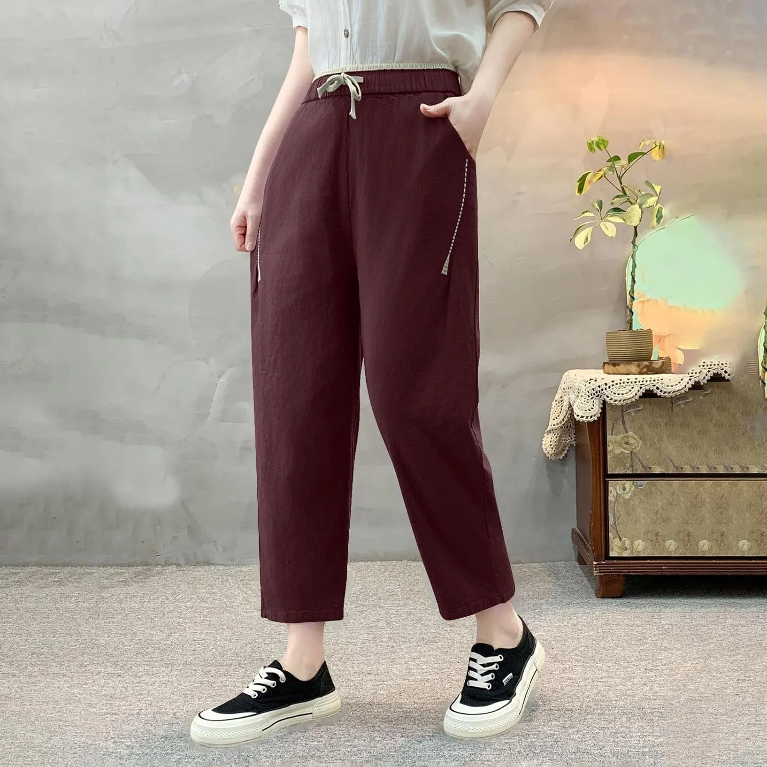 Women's Cotton Linen Drawstring Straight Leg Pants, Comfy Breathable Summer Casual Daily Trousers with Pockets
