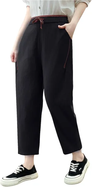 Women's Cotton Linen Drawstring Straight Leg Pants, Comfy Breathable Summer Casual Daily Trousers with Pockets