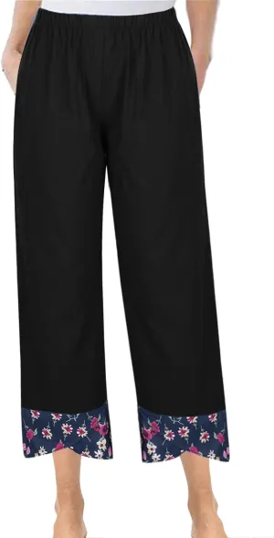 Women's Floral Print Patchwork Cotton Linen Pants, Summer Elastic Waist Wide Leg Casual Trousers Comfy Breathable