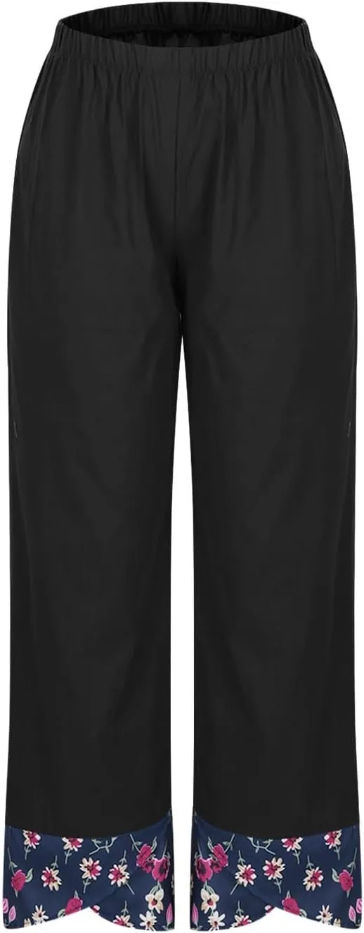 Women's Floral Print Patchwork Cotton Linen Pants, Summer Elastic Waist Wide Leg Casual Trousers Comfy Breathable
