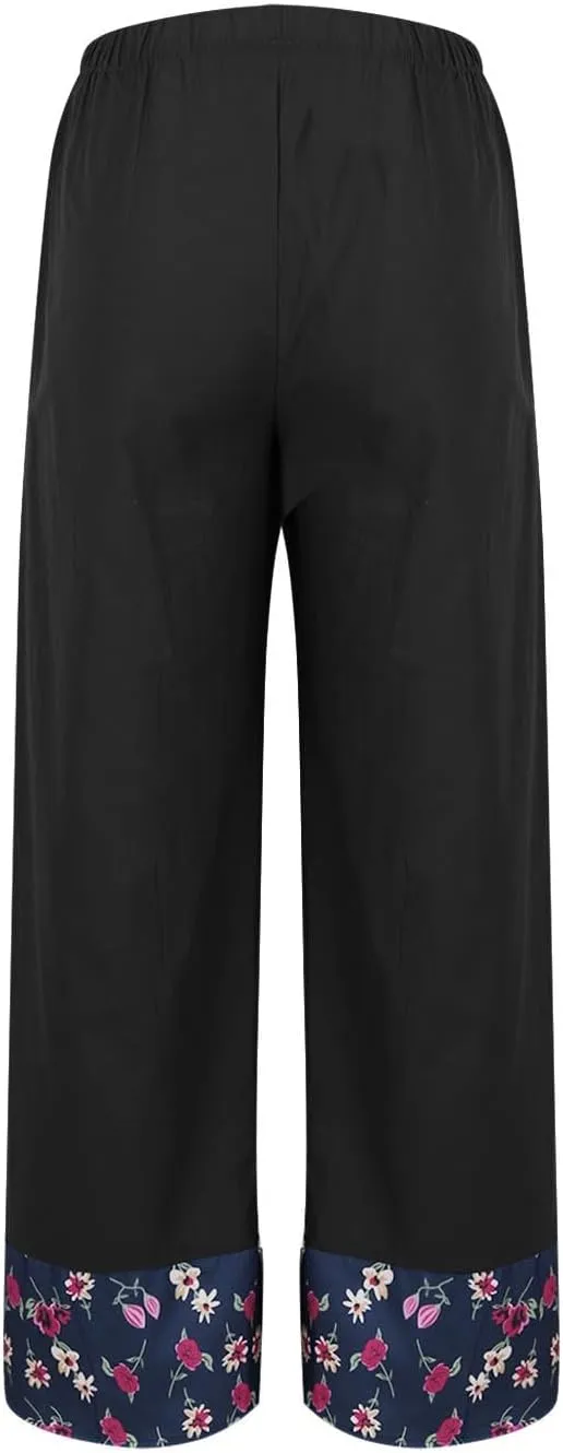 Women's Floral Print Patchwork Cotton Linen Pants, Summer Elastic Waist Wide Leg Casual Trousers Comfy Breathable
