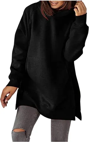 Women's Winter Oversized Hoodies Stylish Long Sleeve High Split Hem Pullover Casual High Low Sweatshirt With Pocket