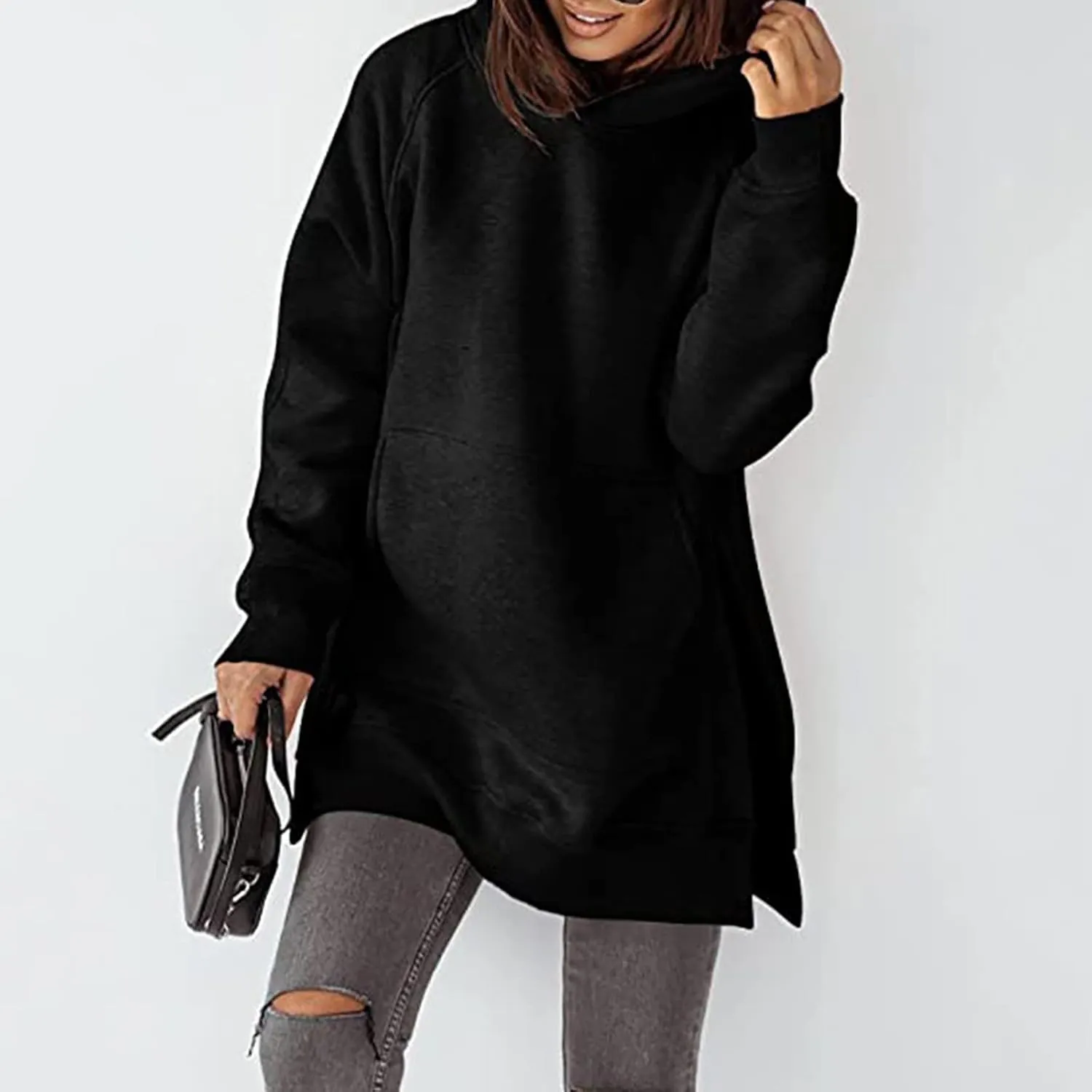 Women's Winter Oversized Hoodies Stylish Long Sleeve High Split Hem Pullover Casual High Low Sweatshirt With Pocket