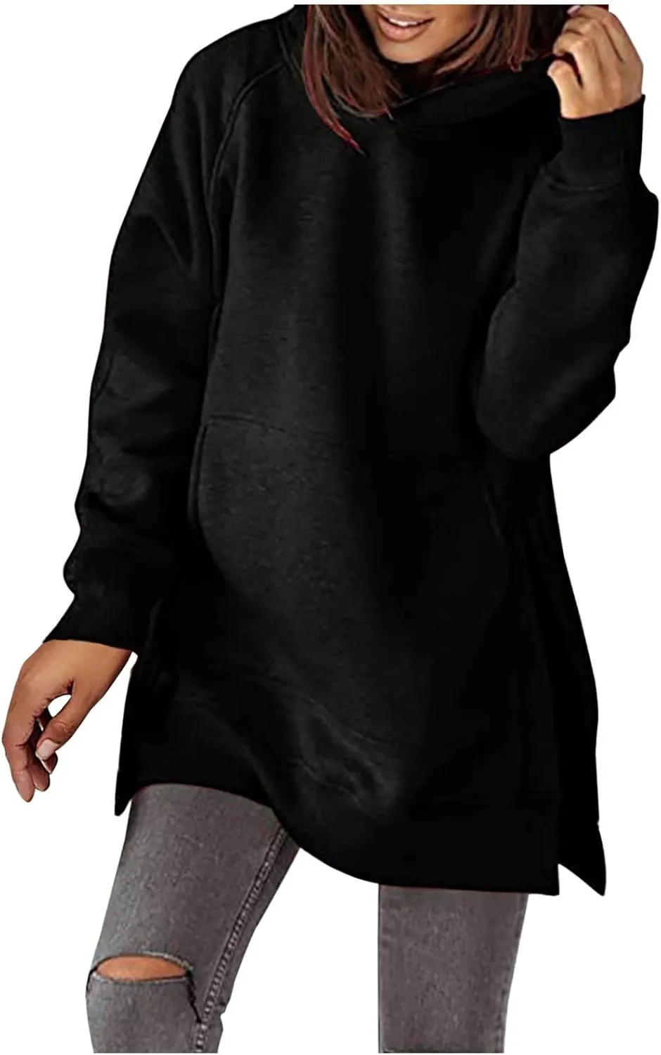 Women's Winter Oversized Hoodies Stylish Long Sleeve High Split Hem Pullover Casual High Low Sweatshirt With Pocket