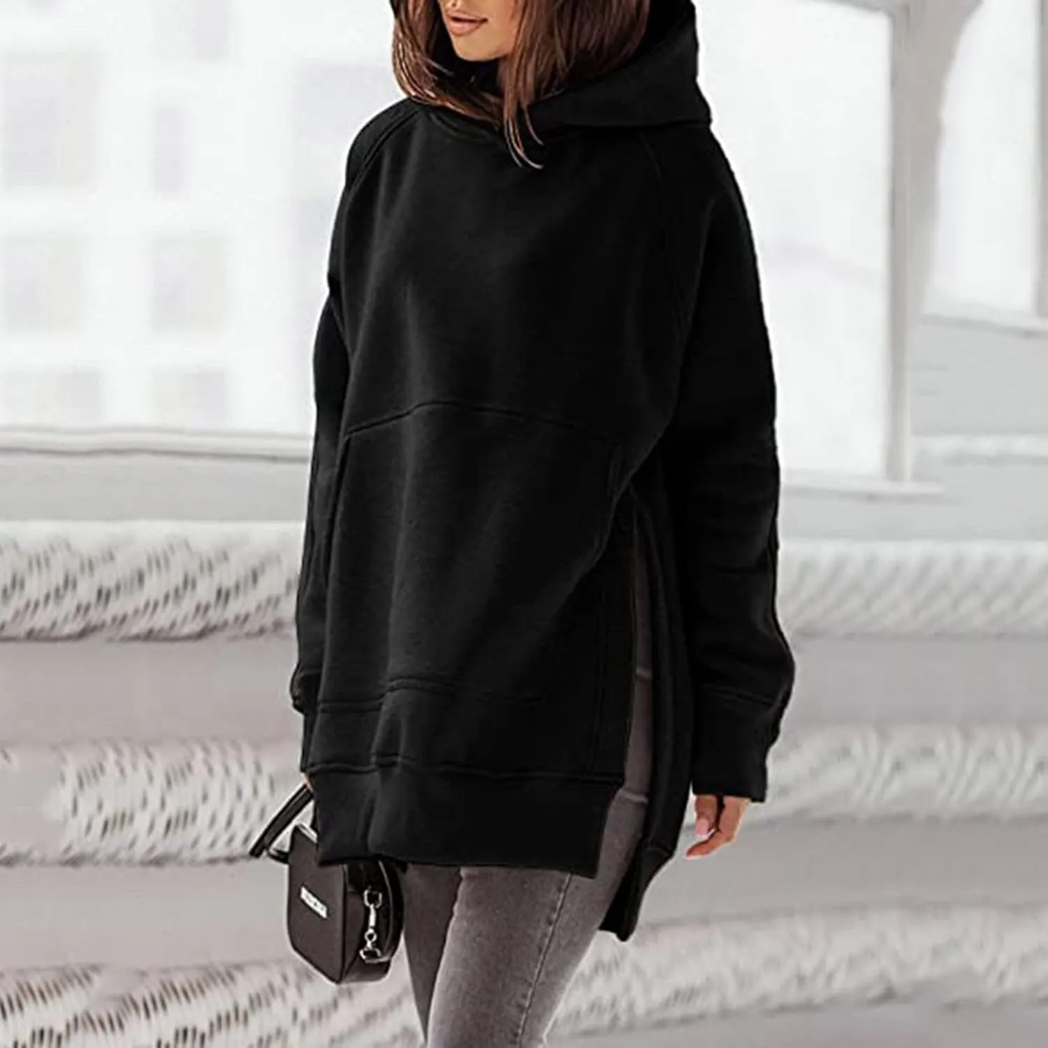Women's Winter Oversized Hoodies Stylish Long Sleeve High Split Hem Pullover Casual High Low Sweatshirt With Pocket